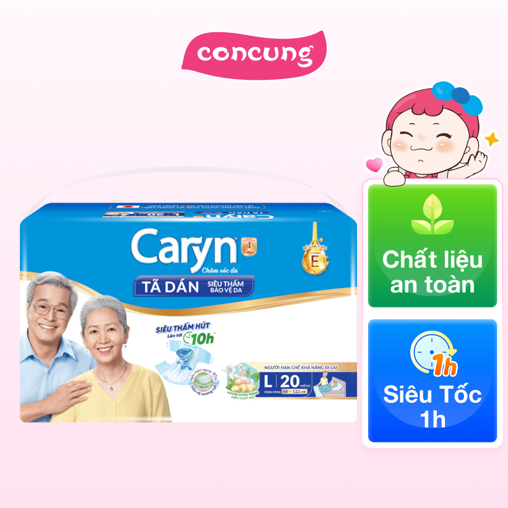 Tã dán giấy Caryn Siêu Thấm size L (hông 68 -122cm) - 20 miếng - concung