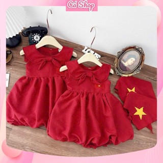 X179, Váy đầm đũi đỏ dáng bí tặng kèm khăn cờ VN cho bé gái mặc dịp 2/9