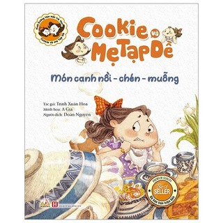 Sách - cookie và mẹ tạp dề - món canh nồi - chén - muỗng