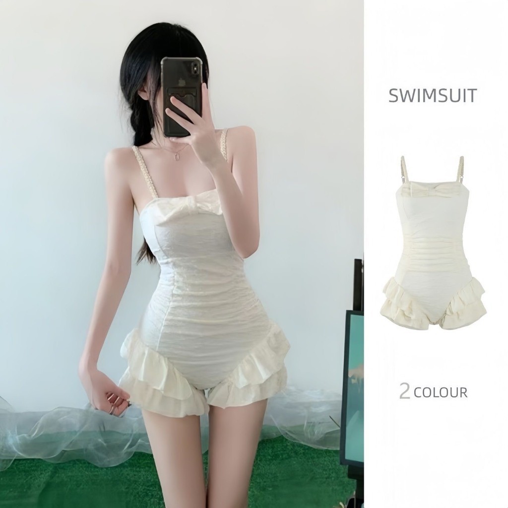 Set bộ đồ bơi bikini áo tắm thiết kế họa tiết gợn sóng phối 2 dây ngọc trai bèo nhún điệu đà HMH BKN48 | BigBuy360 - bigbuy360.vn
