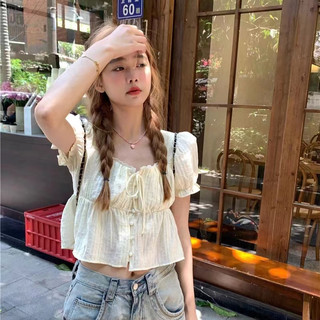 Mùa Hè Mới Cổ Vuông Phiên Bản Hàn Quốc Phối Ren Bong Bóng Áo Sơ Mi Nữ 240717
