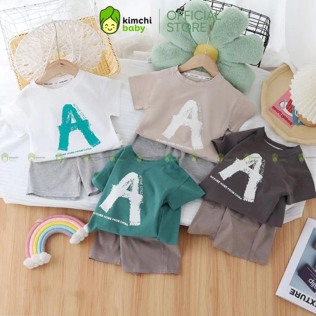 Đồ Bộ Quần Áo Cộc Tay Cho Bé Trai KIMCHIBABY Vải Cotton Mềm Mại In Chữ A, Bộ Quần Áo Cộc Tay Cho Bé 