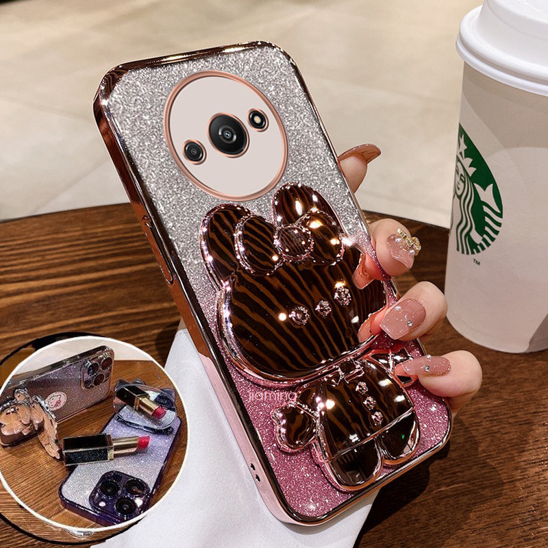 Ốp Điện Thoại Redmi A3 A1 A2 Plus 13C 12C 10C 10 10A 9C Redmi 12 Ốp lưng Giá Đỡ Gương Bột Lấp Lánh Thời Trang Mạ Điện Silicon Mềm Vỏ Điện Thoại Thỏ Dễ Thương Chống Rơi