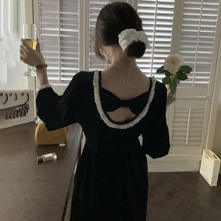 Yuewen Tính Khí Ren Khâu Đẹp Lưng Nhung Dài Tay Đầm Nữ Mùa Xuân Slim-Fit Puff Tay Hẹp @