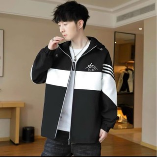 Áo Khoác Dù Nam Nữ 2 Lớp áo hoodie Có Nón Form Rộng Thêu Núi CHJEK Phối Tay 3 Sọc Ngang mẫu mới