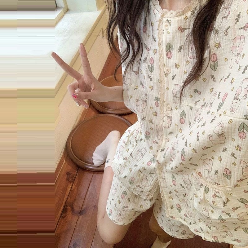 🌸Ưu đãi giới hạn thời gian🌸【12.12】Bộ đồ ngủ ren mới dành cho nữ Nhật Bản dễ thương mùa hè trên Internet người nổi tiếng quần short ngắn tay quần áo mặc ở nhà