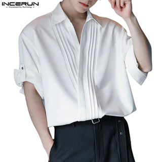 Incerun Nam Hàn Quốc Áo Sơ Mi Tay Ngắn Thiết Kế Xếp Ly