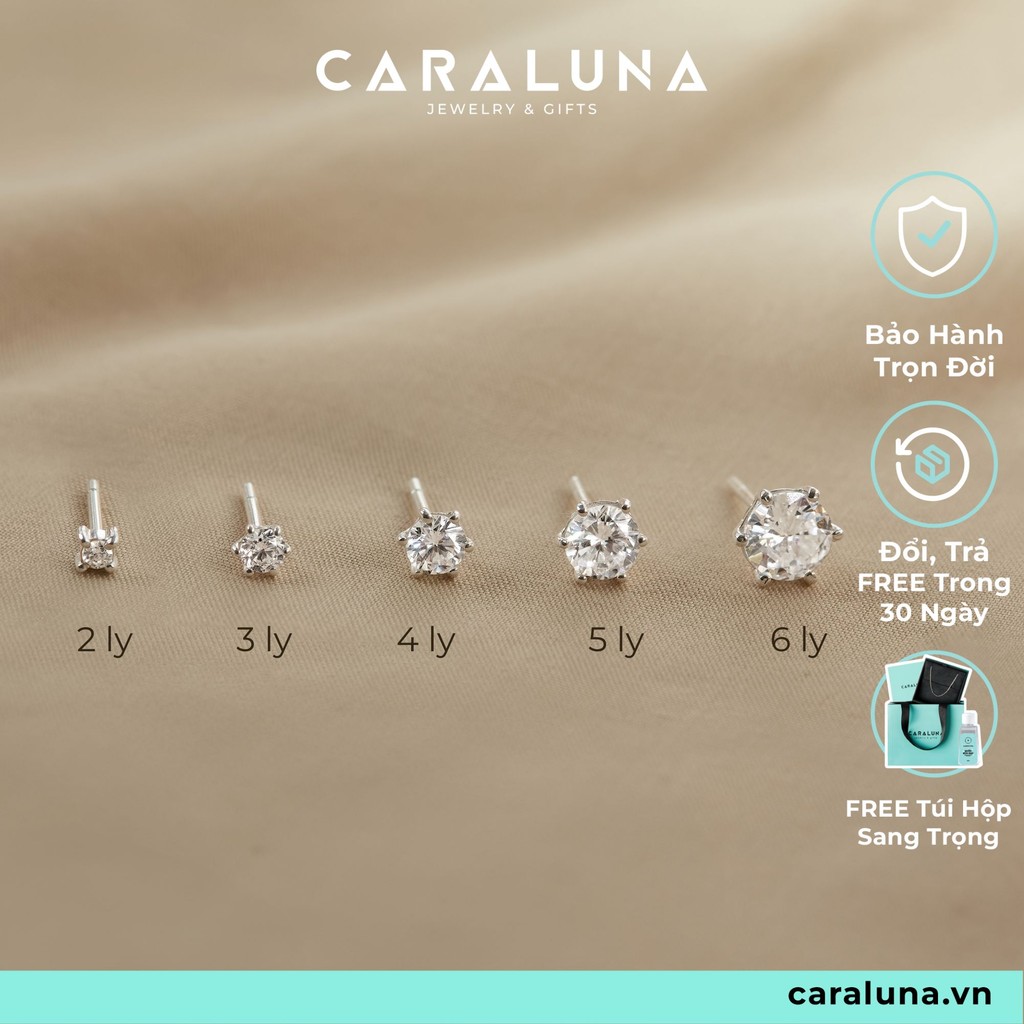 Khuyên Tai Stud Bạc 1 Đá, Hoa Tai Dáng Nụ CARA LUNA Đính Đá Nhiều Size Classic Stud - VCE30