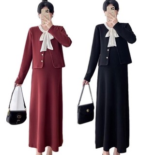 Sét suông Đầm bầu THU ĐÔNG MAMADRESS thiết kế hai màu ĐỎ ĐEN nơ xinh xắn chất THUN TỔ ONG mềm mại co giãn nhẹ S31