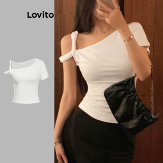 Áo thun Lovito màu trơn xoắn bất đối xứng thanh lịch cho nữ L100MD094