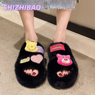  Shizhibao Dép lông dễ thương dành cho nữ mùa thu đông phong cách mới nữ tính sang trọng bông dép đi trong nhà dép xỏ ngón phẳng trong nhà 