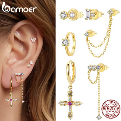 BAMOER 1PC Bạc 925 Bông Tai Zircon Sụn Mini Pha Lê Hoa Xuyên Tai Vòng Đeo Trang Sức Thời Trang