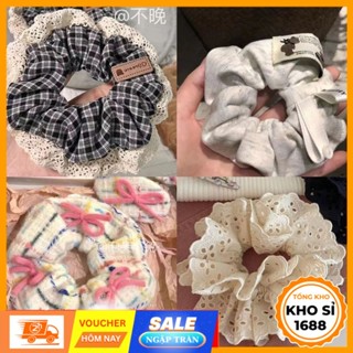  Dây buộc tóc vải Scrunchies họa tiết Vintage Hàn Quốc dây cột tóc 2 lớp co dãn nữ nhiều màu E1861 