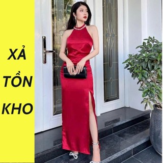 [DEAL XẢ KHO ]Váy Lụa Cổ Yếm Đính Hạt Ngọc Trai SC01 Váy Dự Tiệc Dáng Dài Cổ Yếm Xẻ Tà Sang Trọng