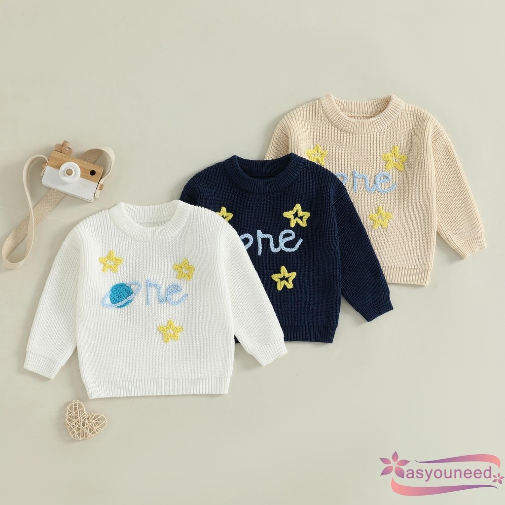 Áo len dệt kim Aay-Baby Boys Winter Planet Thêu cổ tròn Áo thun dài tay