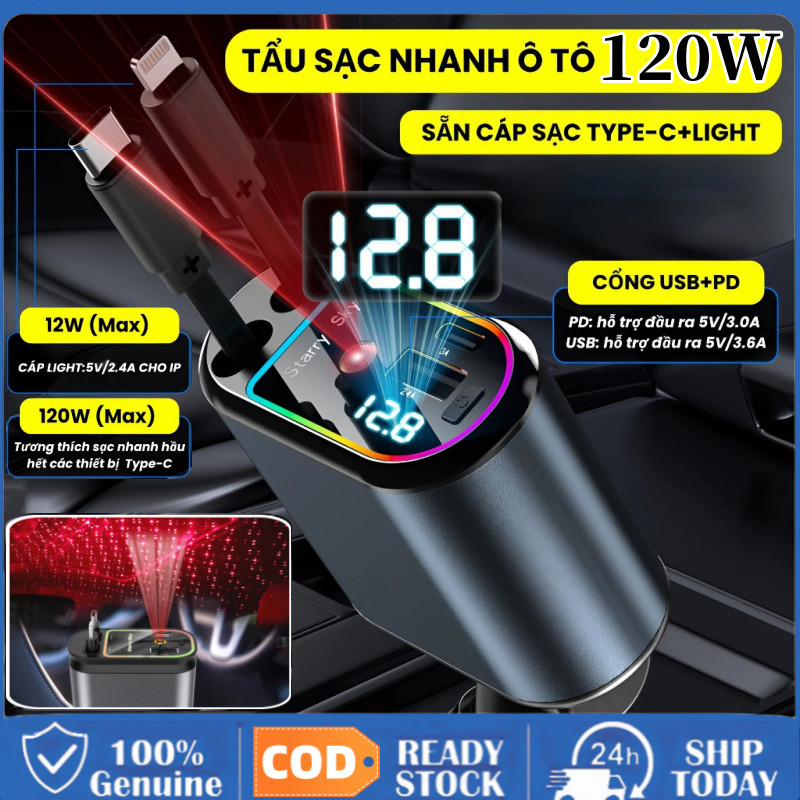 Tẩu Sạc Nhanh Ô Tô 120W 4 Trong 1 Có Bóng Đèn Chiếu Sáng, USB+Type C Sạc Siêu Nhanh Hiển Thị Đèn LED