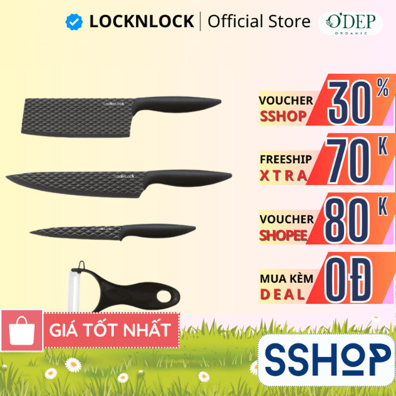 Bộ dao 4 món LocknLock, chống dính, chất liệu thép không gỉ (3 dao 1 bào) - Màu đen CKK104S4 - SSHOP