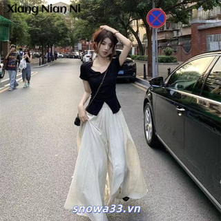 Xiang Nian Ni Mới Không Đều Áo Thun Ngắn Tay Phù Hợp Với Nữ Quần Eo Cao Ngắn Giảm Béo Áo Ins