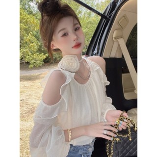 Hottie dây buộc voan lệch vai áo sơ mi vải tuyn tay áo