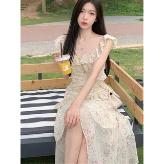 Váy 2 dây Váy trễ vai Váy đi biển Váy cottagecore Đầm dài Không Đều Hoa Cổ Chữ v Nhỏ Bay Tay Sling Đầm Nữ Mùa Hè Kỳ Nghỉ Phong Cách Pháp Dài