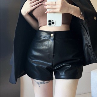 Jiashuchen Plus Size Béo mm Đen Ống Rộng Quần Nữ Cao Cấp Bên Ngoài Mặc Ôm Hơn Nhìn Quần Short Da PU Chữ A Quần Legging Thường Ngày Quần