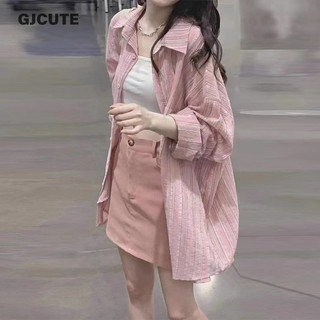 Gjcute Áo Sơ Mi Sọc Màu Hồng Cổ Điển Oversize Chống Nắng Áo Cổ Xuống Mùa Xuân Mùa Hè Áo WTD