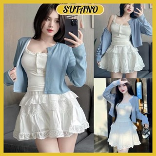 Set đồ nữ 3 món áo hai dây mix áo khoác cardigan xanh khoác ngoài phối chân váy xòe tiểu thư  nhẹ nhàng B499 SUTANO