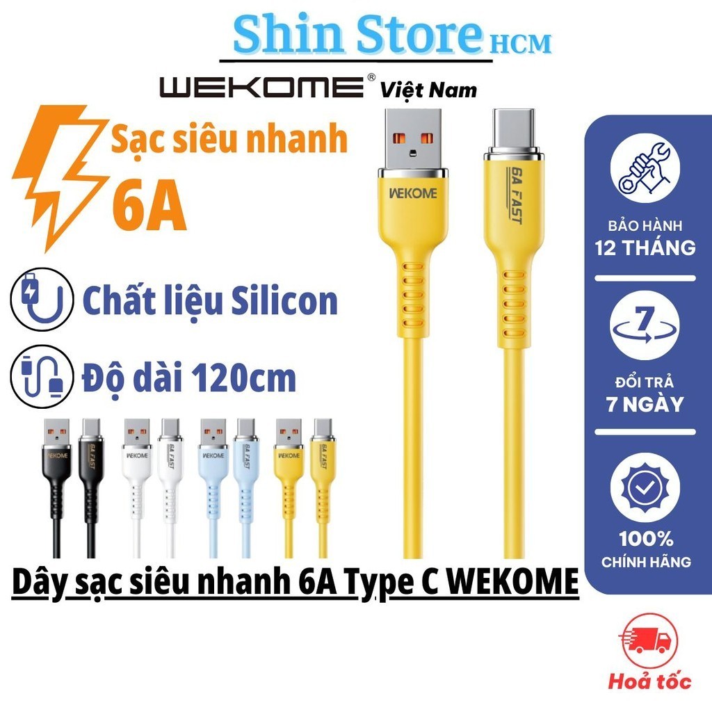 Dây sạc siêu nhanh 6A WEKOME WDC-09 USB Ra TypeC, cáp sạc dài 1.2 mét Màu Sắc Xanh Trắng Vàng Đen Hi