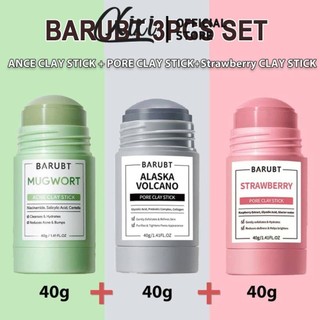 Bộ 3 Mặt nạ rắn làm sạch BARUBT Thích hợp cho mụn trứng cá, mụn đầu đen, Mặt nạ đất sét dâu tây dầu 40g + Que mặt nạ đất sét Mugwort 40g + Que mặt nạ đất sét núi lửa 40g