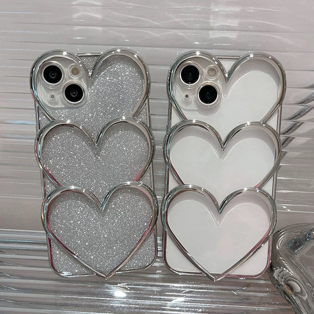 Ins Màu Trơn Bạc Overlap Trái Tim Tình Yêu Mạ Đơn Giản Ốp Lưng Điện Thoại iPhone 16 Pro Max 16 15 14 13 12 Pro Max 11 Bảo Vệ Toàn Diện Chống Sốc Bảo Vệ