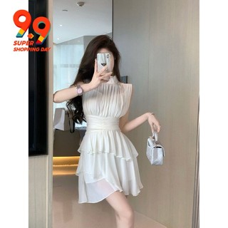 Irregular solid color sleeveless Mock Neck Dress 2022 summer new design sense of minority chic versatile skirt trend
