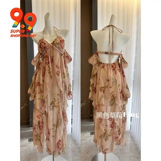 Ngọt Ngào Hoa Dây Cổ Dây Dài Tay Đầm Nữ Mùa Xuân Rời Thiết Kế Kỳ Nghỉ Gạc Đẹp Váy Dài