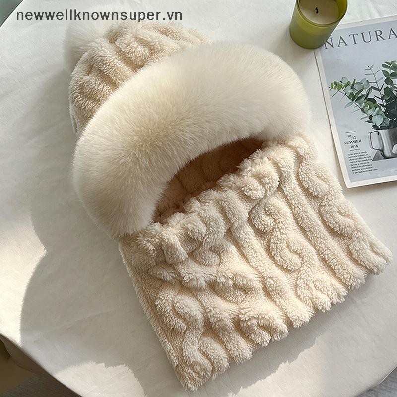 Mũ len xoắn kèm khăn quàng cổ quả bông giữ ấm cổ tai kín mặt