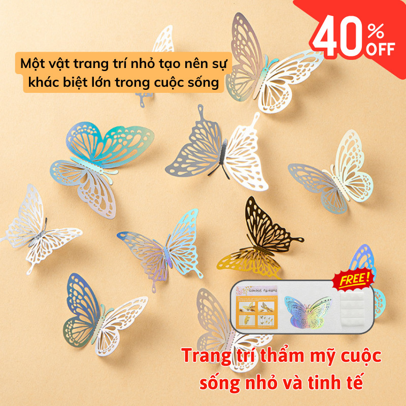 Combo 12 Bướm Dán Tường 3D Joful Home, Màu Bạc Lấp Lánh, Trang Trí Tiệc, Kèm Keo Dán, Quà Tặng Sinh 