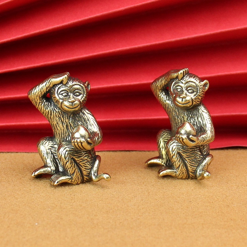 #Solid Brass Little Monkey Figurine Holding Peach Monkey Zodiac Monkey Cute Pure Copper Monkey Metal