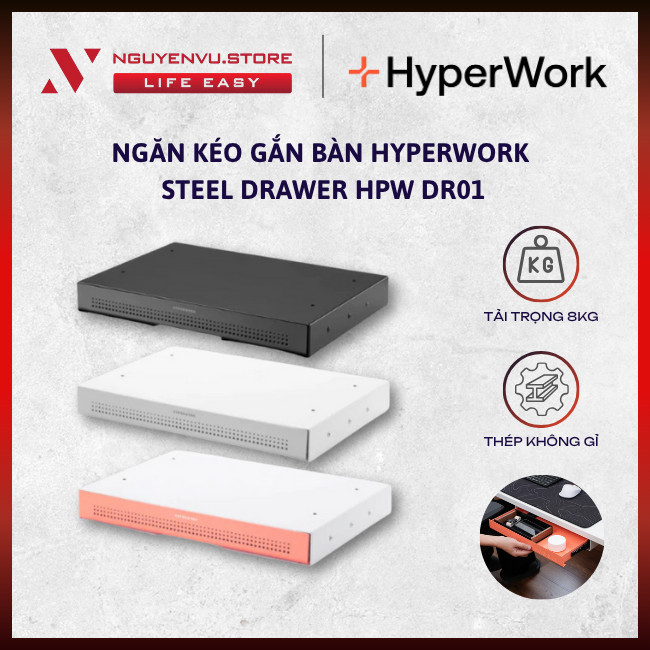 [FULL VAT] Ngăn kéo gắn bàn HyperWork Steel Drawer HPW DR01 - Thép không gỉ - Tải trọng 8kg - Hàng C