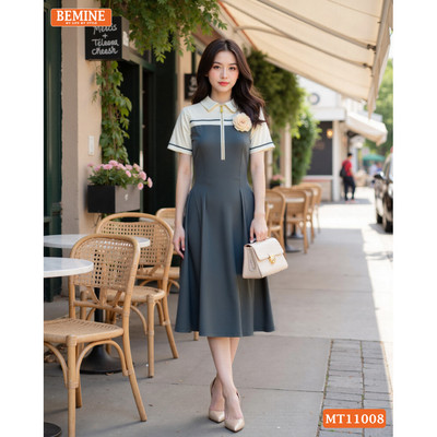 Đầm thiết kế BEMINE cổ sơ mi dây kéo trước dáng chữ A phù hợp đi làm-MT11008