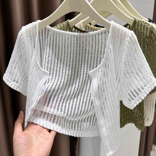 Áo len ngoài rỗng Áo len nữ mùa hè băng lụa dệt kim ngắn tay