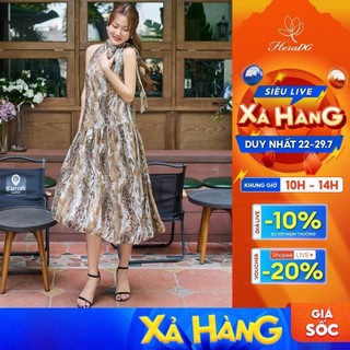 Đầm Nữ Sát Nách Màu Nâu Thiết Kế Dáng Xòe Kết Hợp Nơ Cổ Nữ Tính, Chất Liệu Tơ Cao Cấp, Mềm Mại HeraDG SDPBC6127