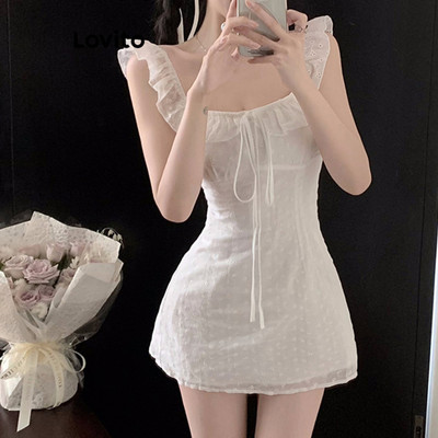 (Kỳ nghỉ) Lovito Đầm thêu dây buộc phía trước dễ thương cho nữ L122AD063