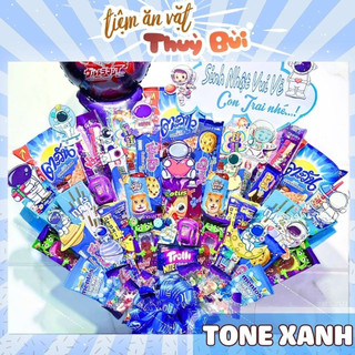 Bánh Kẹo Màu Xanh Dương / Thế Giới Đồ Ăn Vặt Màu Xanh HN, , Concept Trang Trí Giỏ Quà Bánh Kẹo