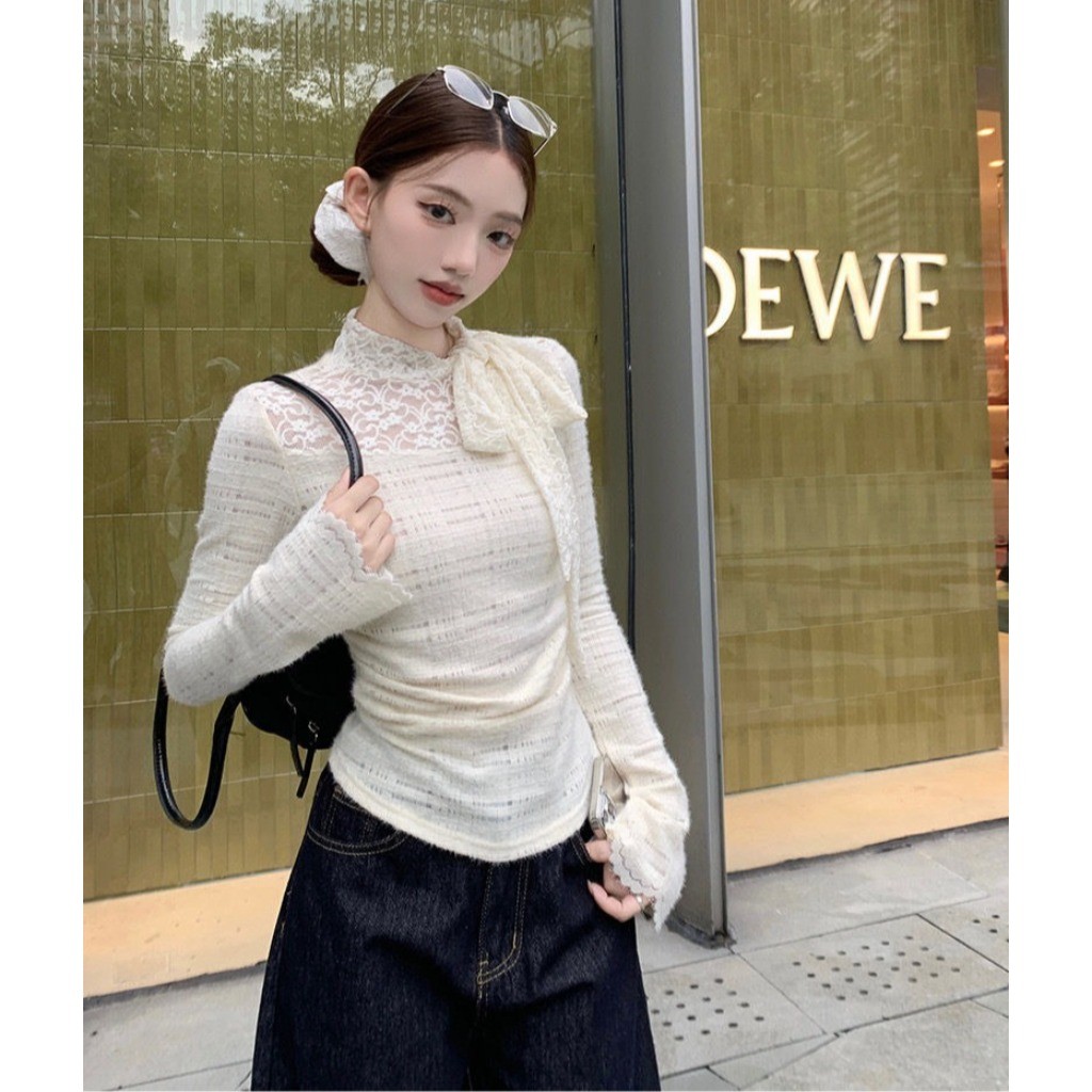 Meet-Adm Áo Thun Dài Tay Thắt Nơ Trắng Áo Crop Top Thời Trang Mùa Thu Mới | BigBuy360 - bigbuy360.vn