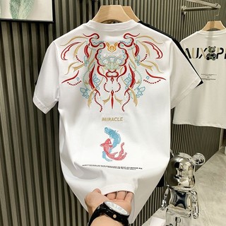 Mùa Hè 2024 Dạo Phố Phong Cách Mới Áo Thun Nam Quốc Gia Hợp Thời Trang Tay Ngắn Thêu Nửa Tay Cổ Tròn All-Ma