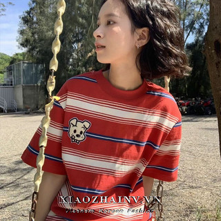Xiaozhainv Mỹ Vintage Sọc Tay Ngắn Nữ Mùa Hè Mới Con Chó Con In Rời Áo Thường Ngày