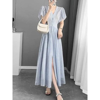 Váy Liền Cổ Chữ V Giả Kẻ Sọc Cao Cấp ,Váy Dài Tôn Dáng Eo Cao Thời Thượng Khí Chất Mẫu Mới