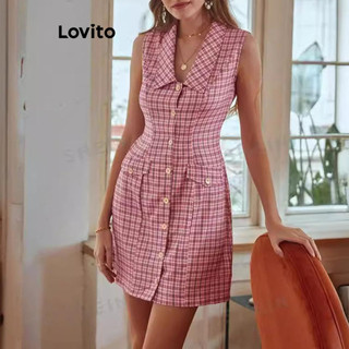 Đầm Lovito phía trước có nút họa tiết kẻ sọc phong cách thanh lịch cho nữ LNE65092