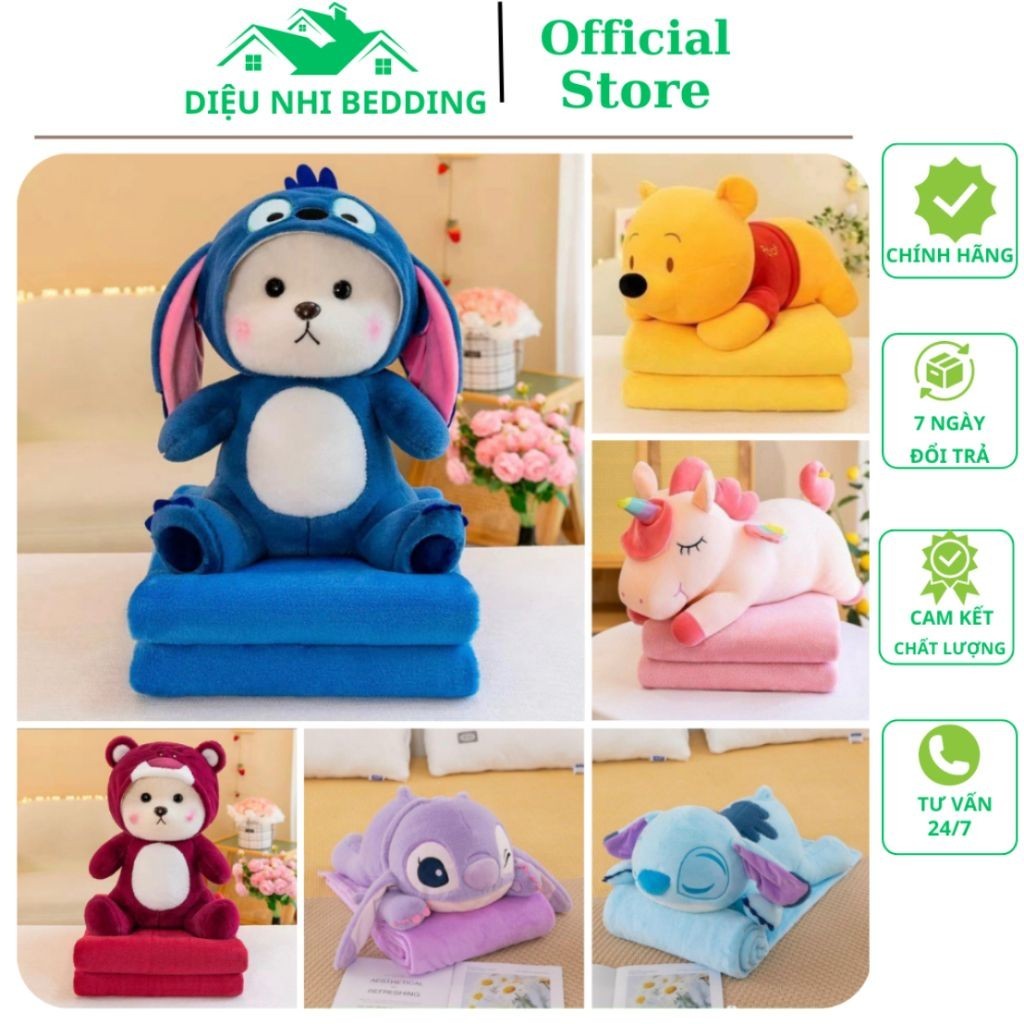Chăn Gối Văn Phòng Đa Năng Gấu Dâu Tây, Gấu Lotso, Thú Kèm Chăn Hình Thú Nhồi Bông Cho Bé, Chăn Gối 