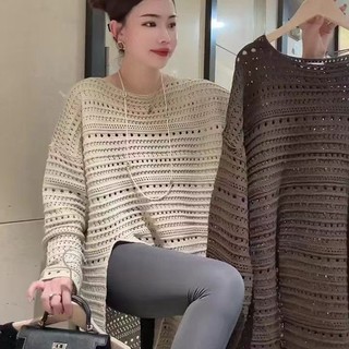 Phụ Nữ 2024 Châu Âu Thu Đông Mới Màu Trơn Đa Năng Thường Ngày Không Đều Viền Khe Rỗng Vừa Dài Áo Len