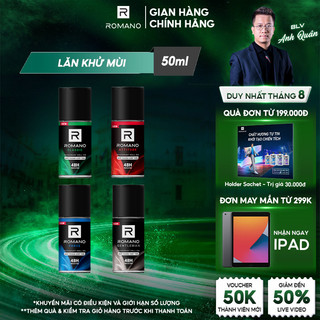 Lăn khử mùi nam kháng khuẩn & khô thoán cả ngày Romano 50ml/chai - 4 mùi có sẵn