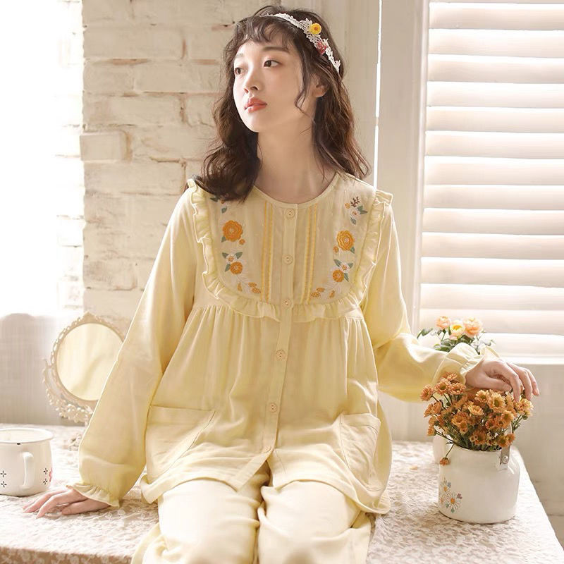 Nhật Bản Ngọt Ngào Phong Cách Công Chúa Thêu Homewear Nữ Bộ Đồ Ngủ Mùa Thu Dài Tay Cổ Tròn Mùa Xuân Thu Cotton Nguyên Chất Gạc Mỏng Phù Hợp Với 9.6 | BigBuy360 - bigbuy360.vn